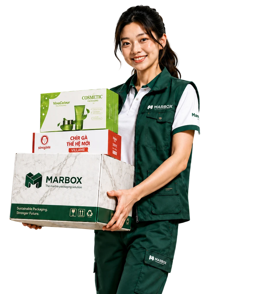 Nhân viên MARBOX cầm hộp bao bì carton